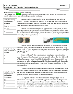 Unit 5 Genetics Daysheet 53 Genetics Vocabulary Practice  Form