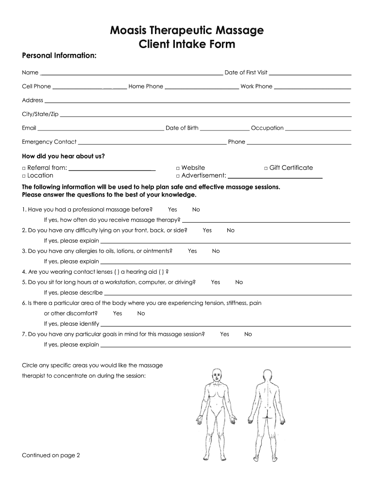 Moasis Therapeutic Massage Client Intake Form