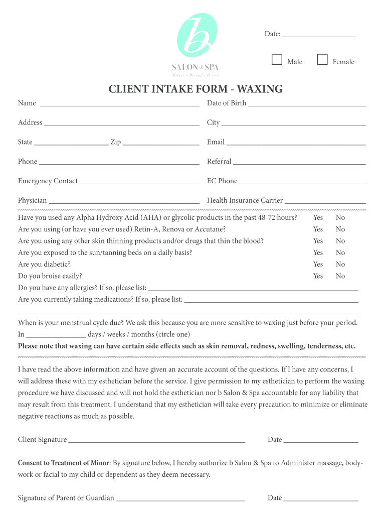 Client Intake Waxing  Form