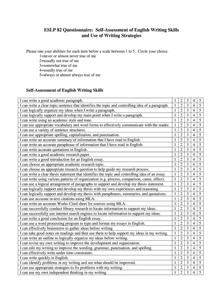 Writing Skills Questionnaire PDF  Form