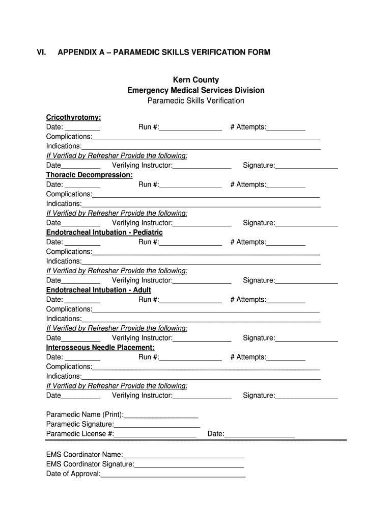 Paramedic Skills Verification Form Kern County Department of