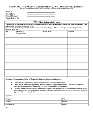 Acknowledgement of Waste Management  Form