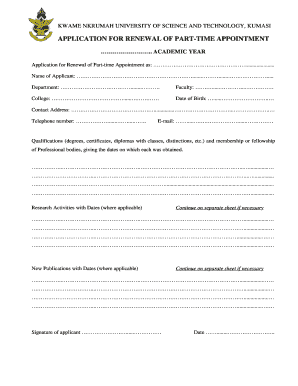 Application for Renewal of Part Time Appointment  Form