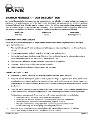 Bank Branch Manager Job Description  Form