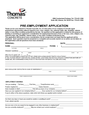  Non Driver Pre Employment Application PDF Thomas Concrete 2015-2024