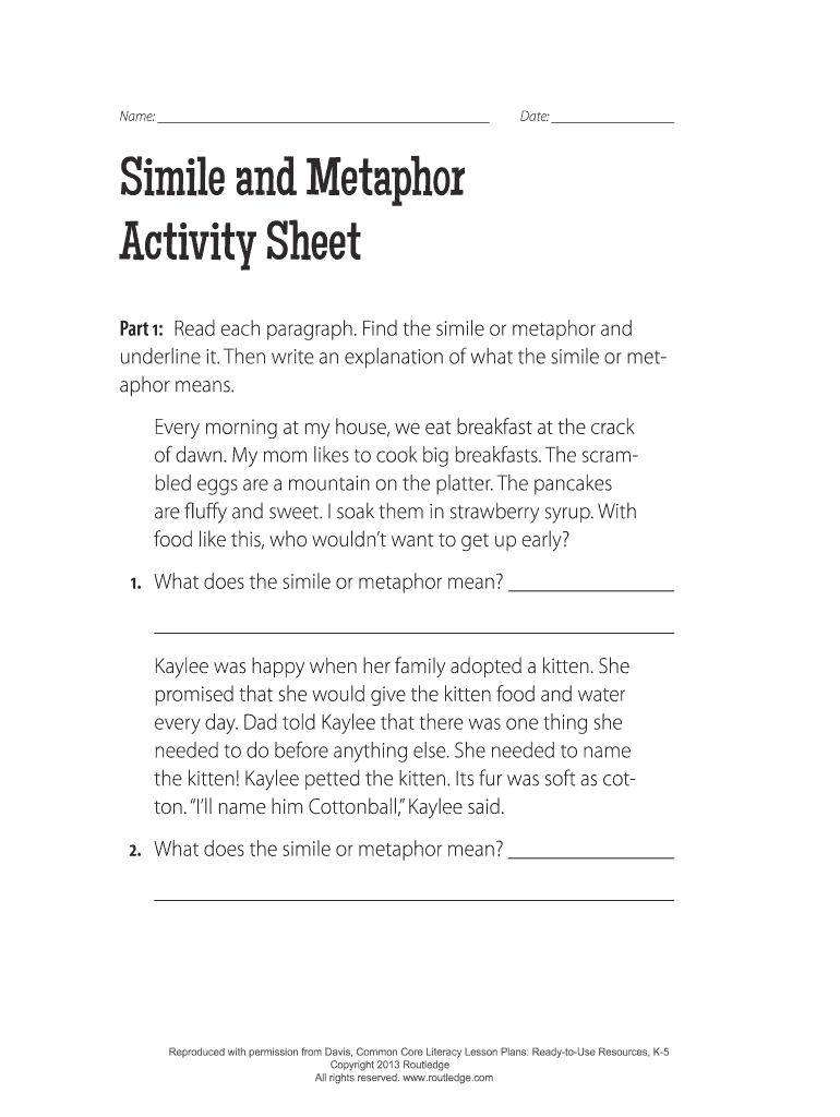 Name Date Simile and Metaphor Activity Sheet  Form