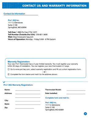 Pro1 Thermostat Warranty Registration  Form