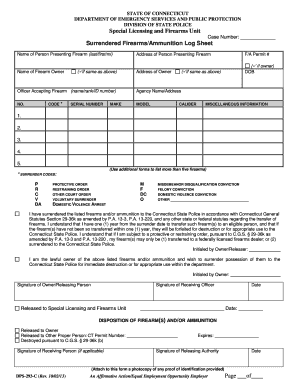 DPS 293 C Surrendered Firearms Log Sheet Ct  Form