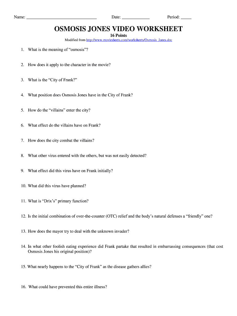 Osmosis Jones Video Worksheet Answer Key  Form