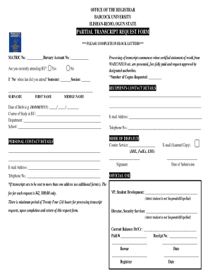 Babcock University Transcript  Form