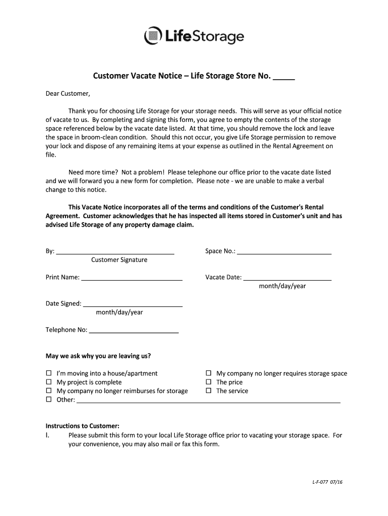  Life Storage Vacate Form 2016-2024