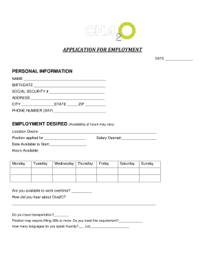 Application for Employment Cha2O  Form