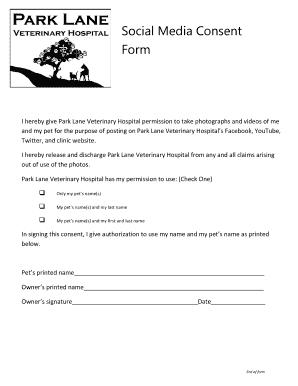 Social Media Consent Form Park Lane Veterinary Hospital