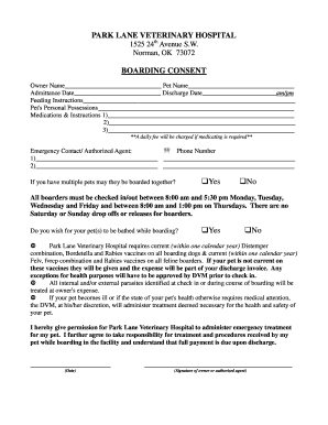 Boarding Consent Form Park Lane Veterinary Hospital