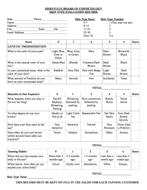 Ohio State Board of Cosmetology Skin Type Evaluation Record  Form