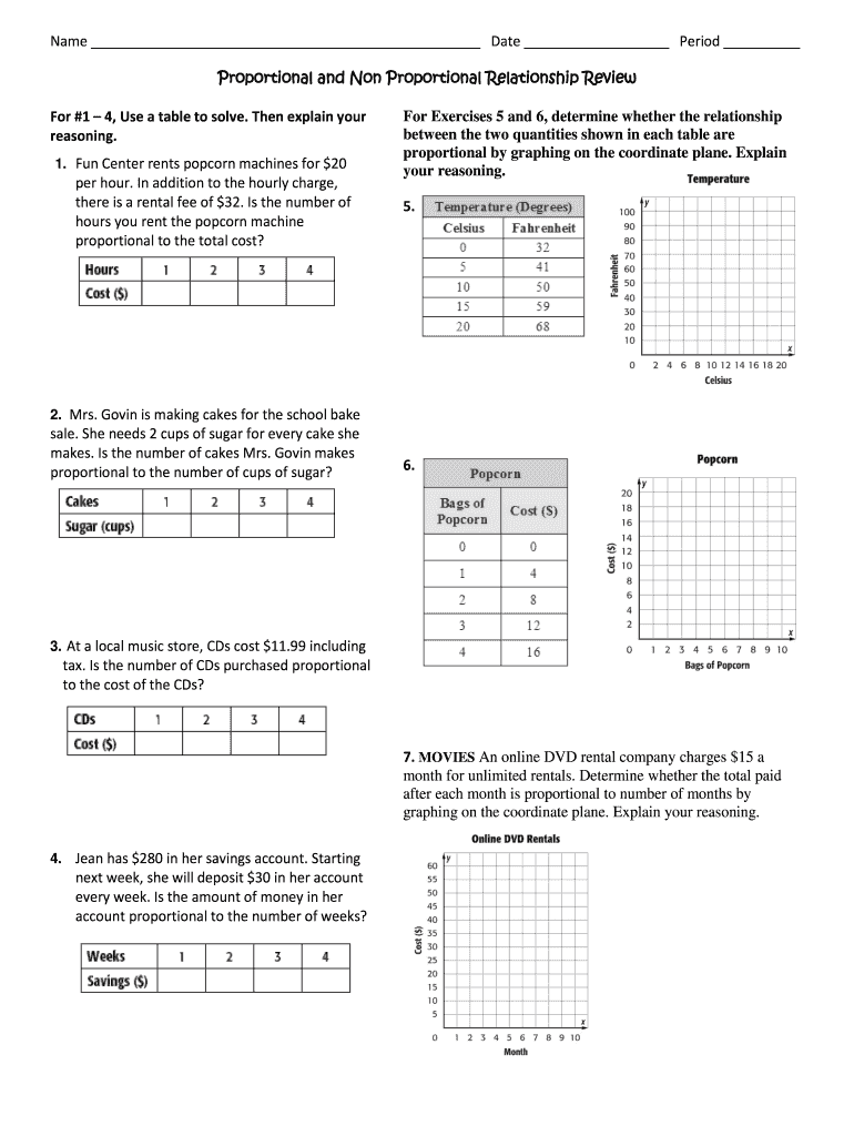 Proportional and Non Proportional Relationship Review PDF  Hms Wcusd  Form