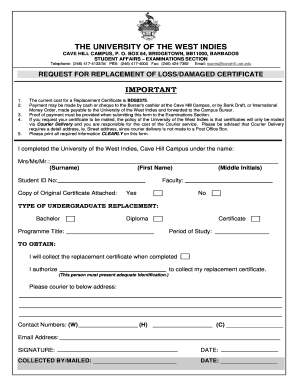 Application for Replacement Certificate the University of the West Cavehill Uwi  Form