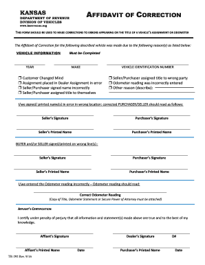 Affidavit of Correction Kansas  Form