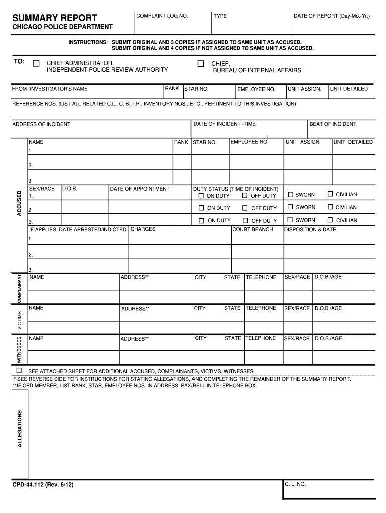  CPD 44 112 Summary Report Chicago Police Department 2012