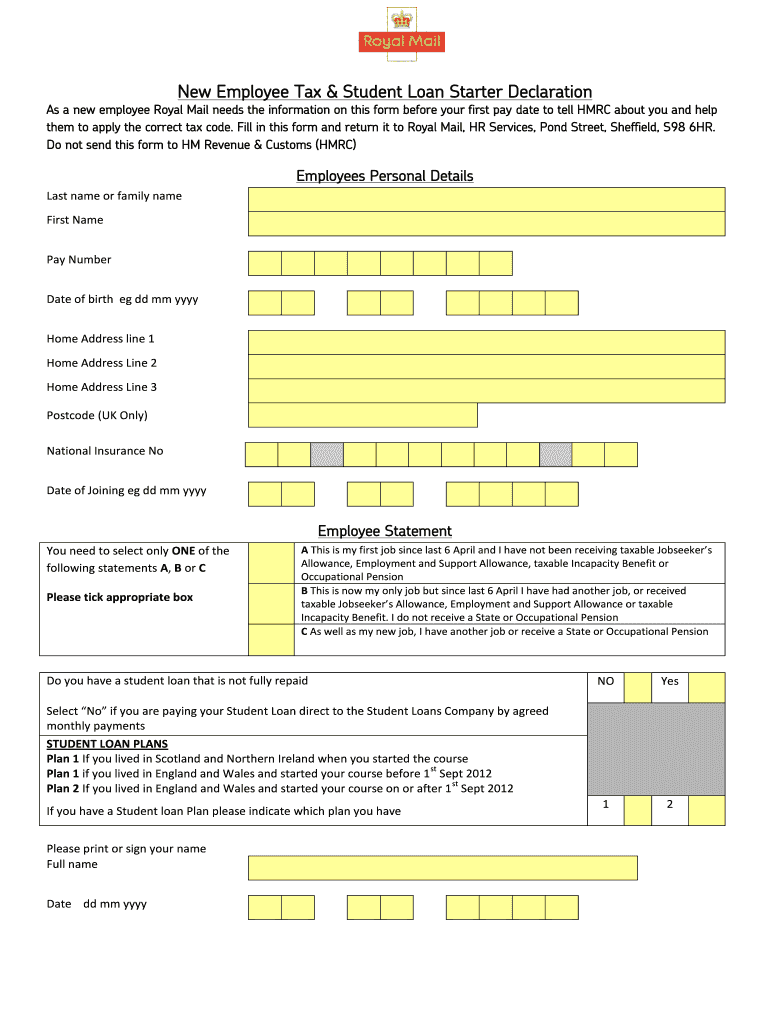 Employee Starter Declaration Form Royal Mail