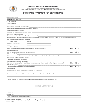 PHYSICIAN S STATEMENT for DEATH CLAIMS Cisp Coop  Form