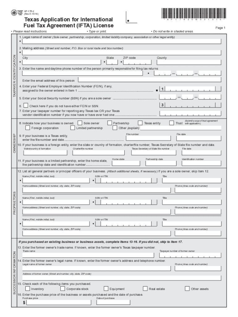 AP 178, Texas Application for International Fuel Tax Agreement IFTA  Form