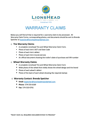Warranty Claims Lionshead Tire and Wheel  Form