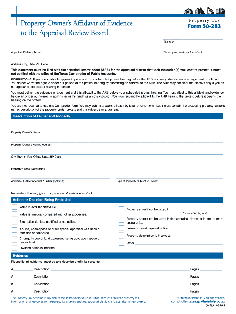  Form 50 283 Property Owner's Affidavit of Evidence to the Appraisal Review Board Property Owner's Affidavit of Evidence to the a 2019