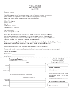  Transcript Request VASSAR COLLEGE Registrar Registrar Vassar 2014-2024