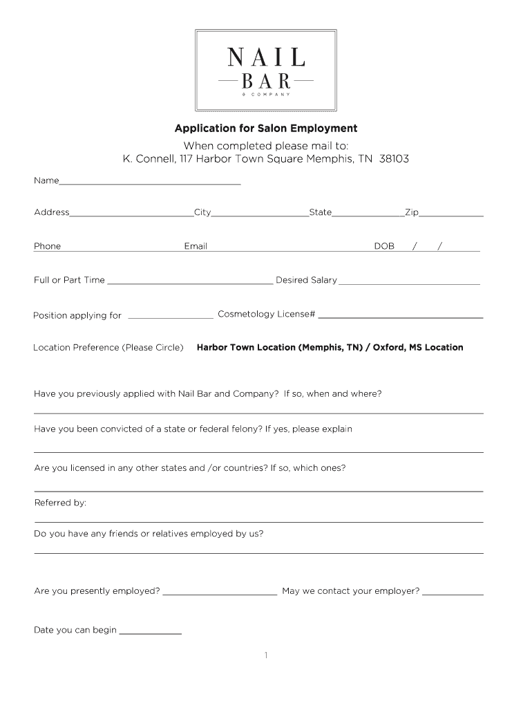 Application for Salon Employment When Completed Nail Bar  Form