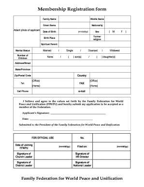 Membership Forms for Family Federation for World Peace and Unification