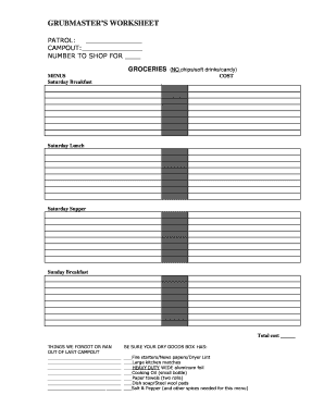 Bsa Grubmaster Worksheet  Form