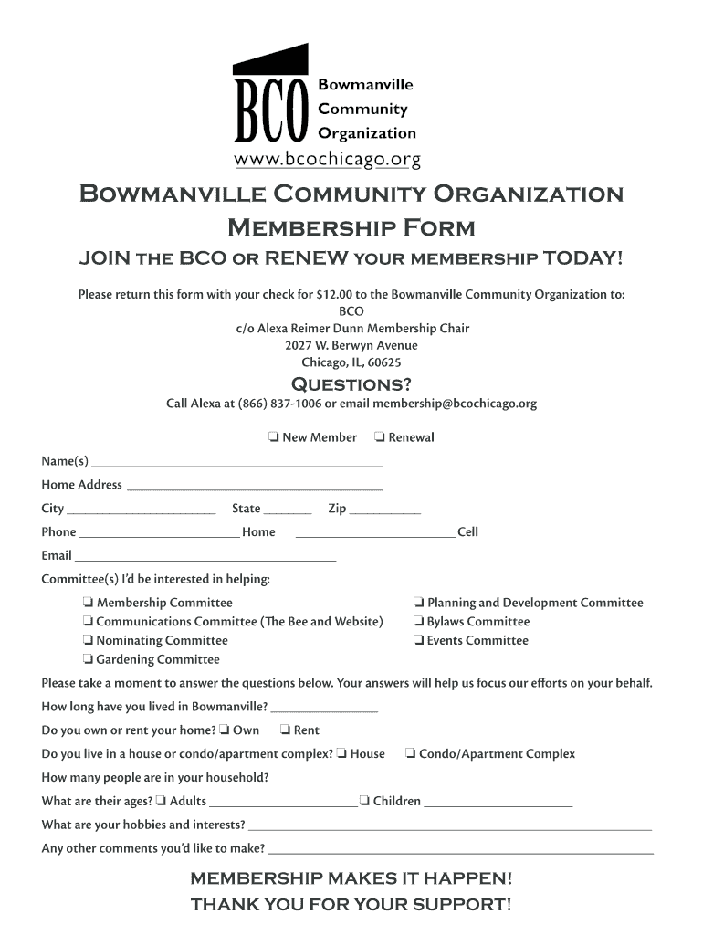Bowmanville Community Organization Membership Form JOin the Bcochicago