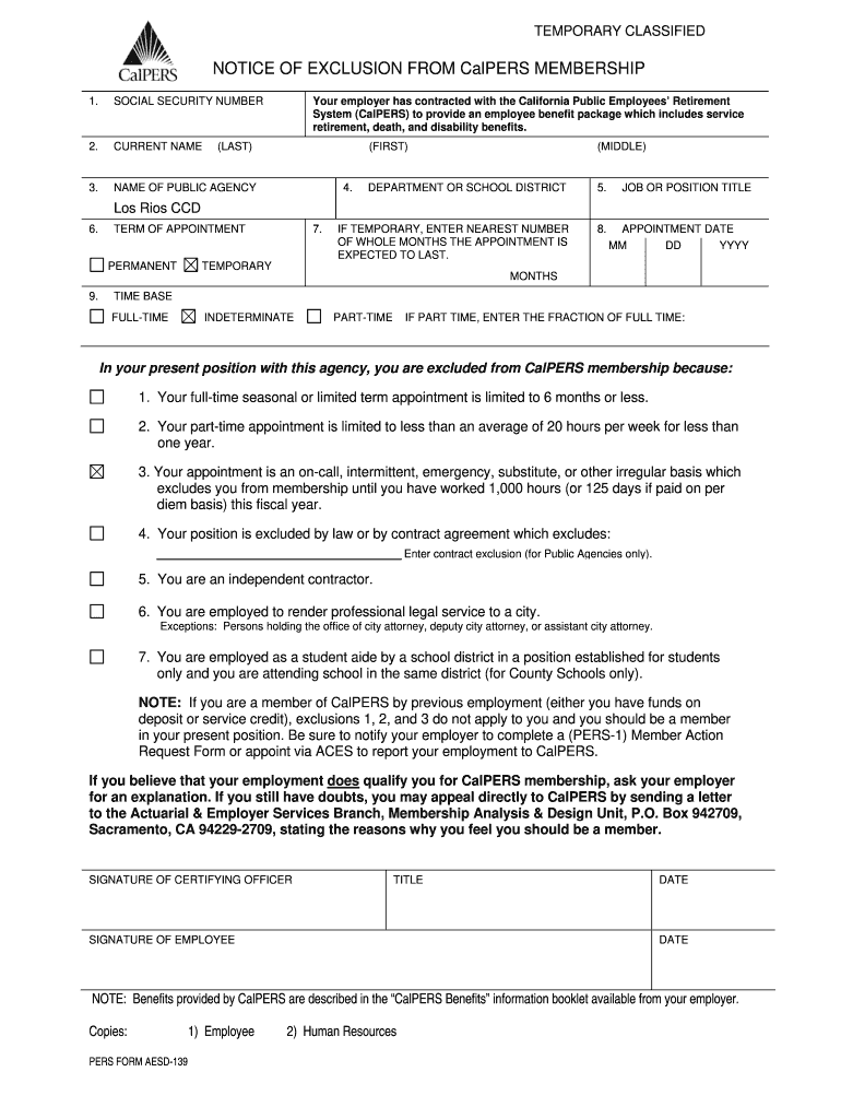 Notice of Exclusion from Calpers Membership  Form