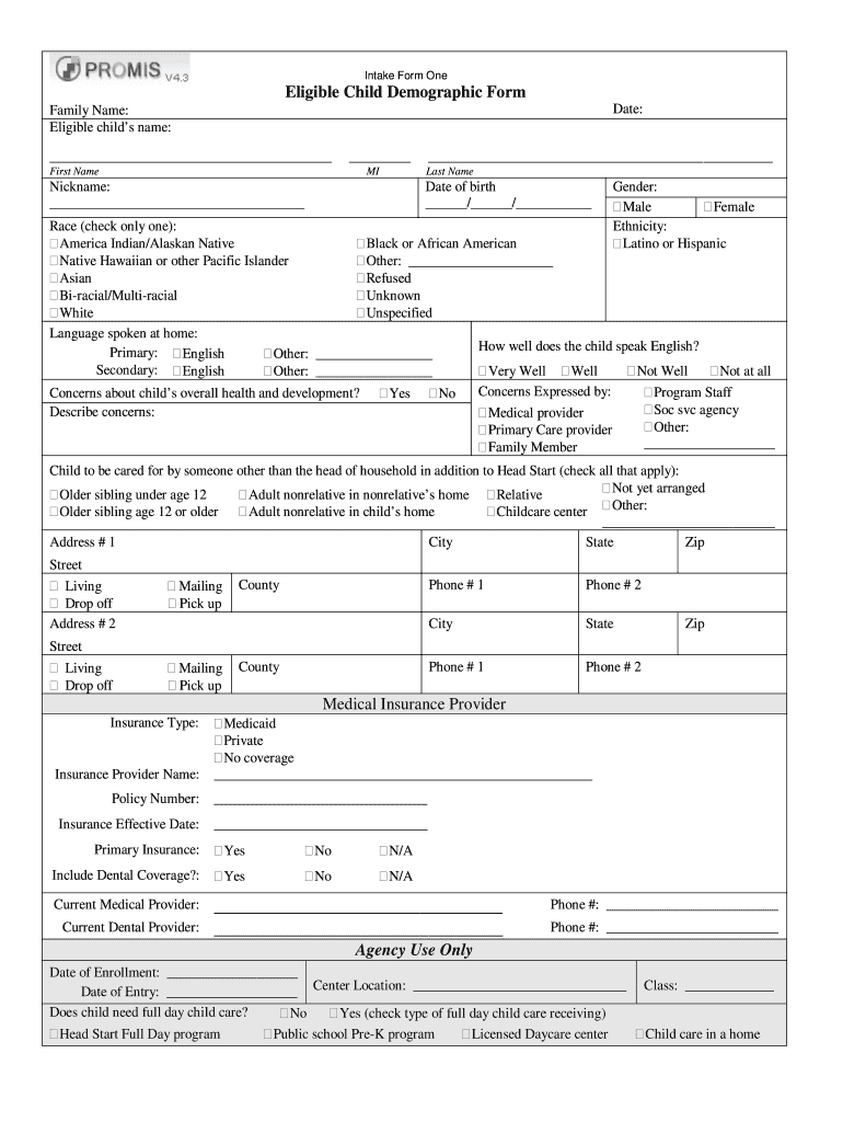 PROMIS Eligible Child Demographic Form Intake Form 1 PDF