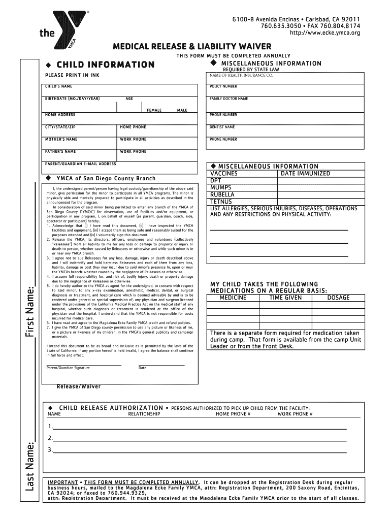 Ymca Release Form
