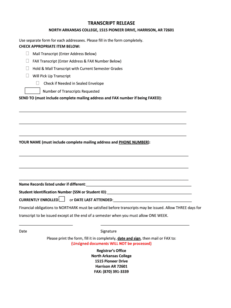 North Arkansas College Transcript Request  Form
