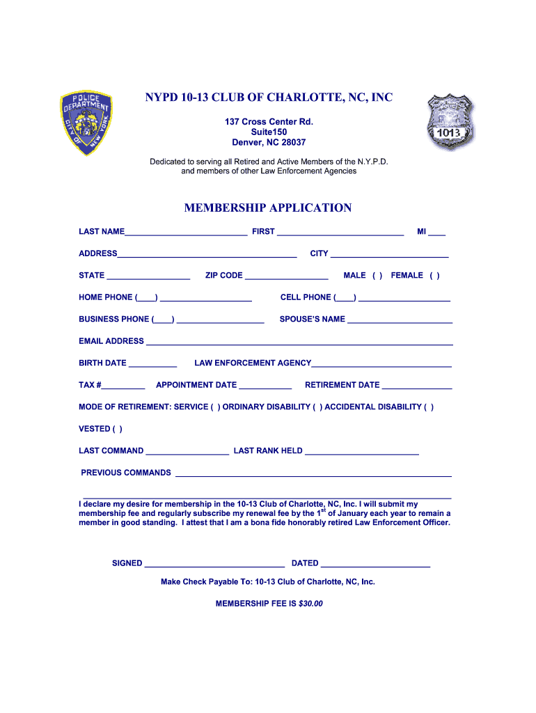 Nypd 10 13 Club of Charlotte, Nc, Inc Membership Application  Form