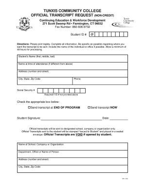 Tunxis Community College Transcript Request  Form