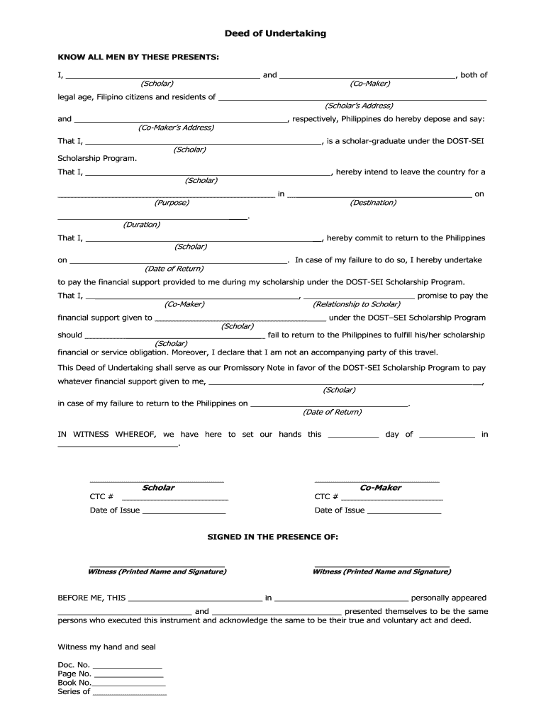 Deed of Undertaking Sample  Form