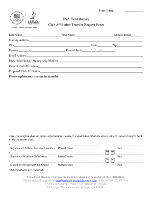 USA Field Hockey Club Affiliation Transfer Request Form Teamusa