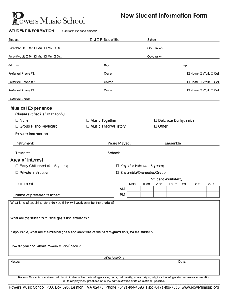 New Student Information Form Powers Music School