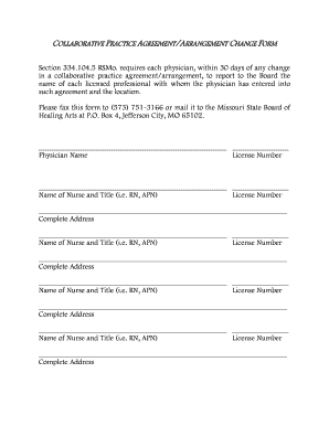 COLLABORATIVE PRACTICE AGREEMENT ARRANGEMENT CHANGE FORM