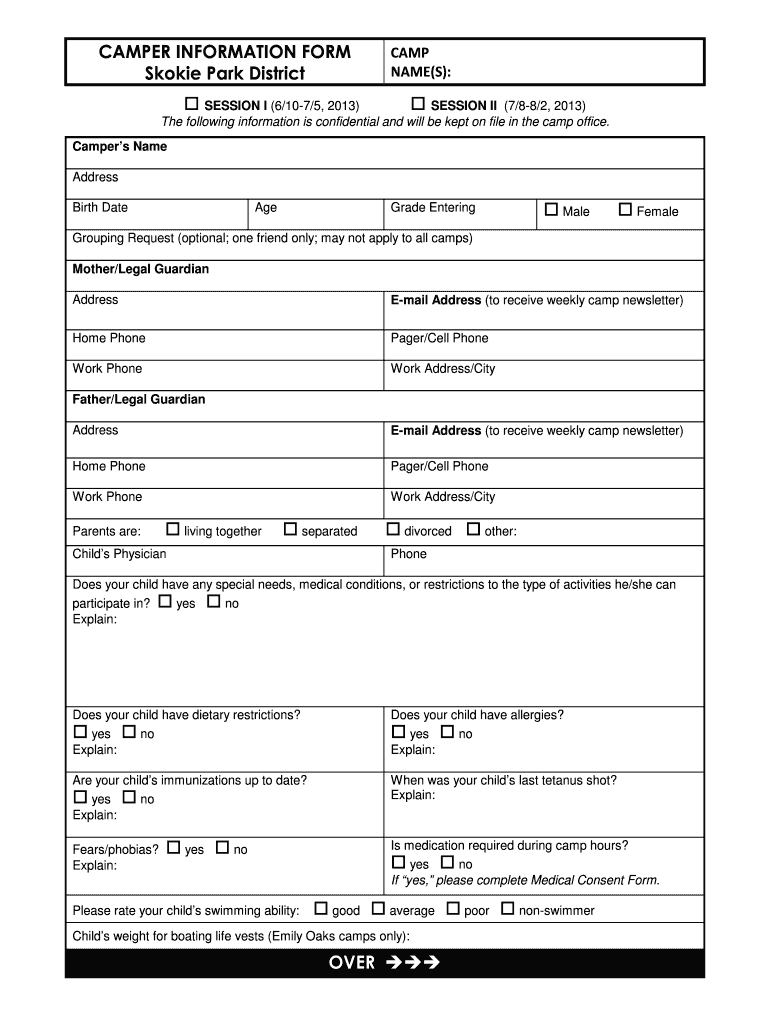 Camper Information Form Skokie