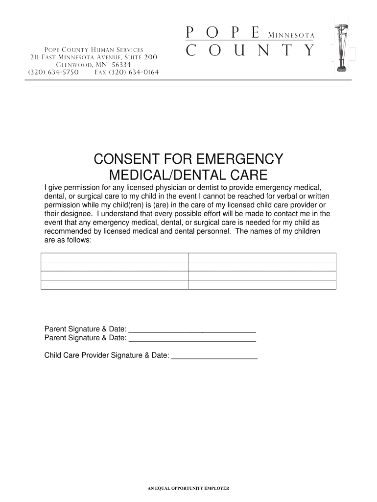 Consent for Emergency Dental and Medical Form  Pope County  Co Pope Mn