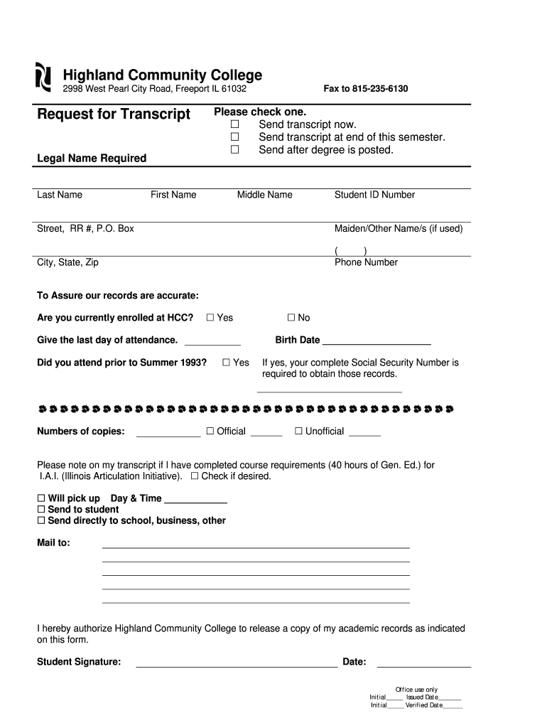 Highland Community College Transcript Request  Form