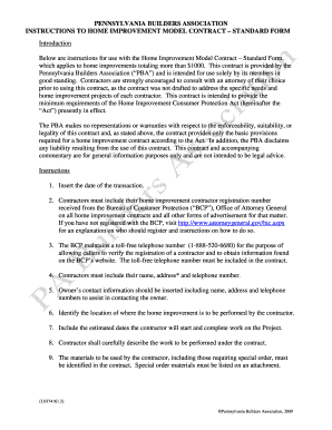 PENNSYLVANIA BUILDERS ASSOCIATION INSTRUCTIONS to HOME IMPROVEMENT MODEL CONTRACT STANDARD FORM Introduction below Are Instructi