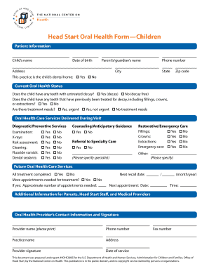 Head Start Oral Health Form Children Eclkc Ohs Acf Hhs