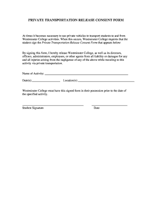 Private Transportation Release Consent Form Westminster College Wcmo