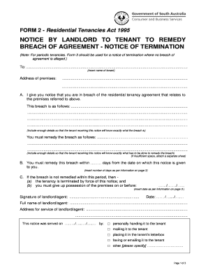 Form 2 Notice by Landlord to Tenant to Remedy Breach of Agreement Notice of Termination Tenancies Forms Sa Gov